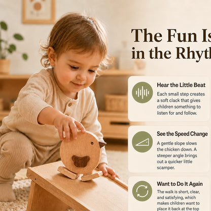 Toddler playing with a wooden walking chicken toy on a ramp, showcasing product features like rhythmic sound, speed change on slopes, and repetitive play design.