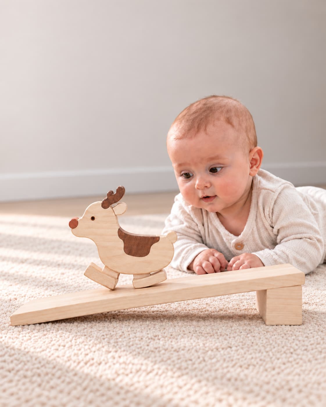 Baby watching a wooden reindeer ramp walker with a red nose on its wooden ramp.