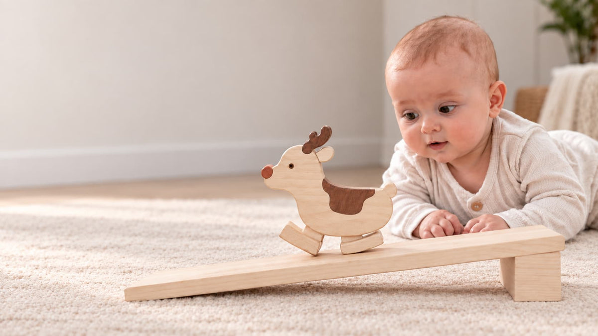 Baby watching a wooden reindeer ramp walker with a red nose on its wooden ramp.