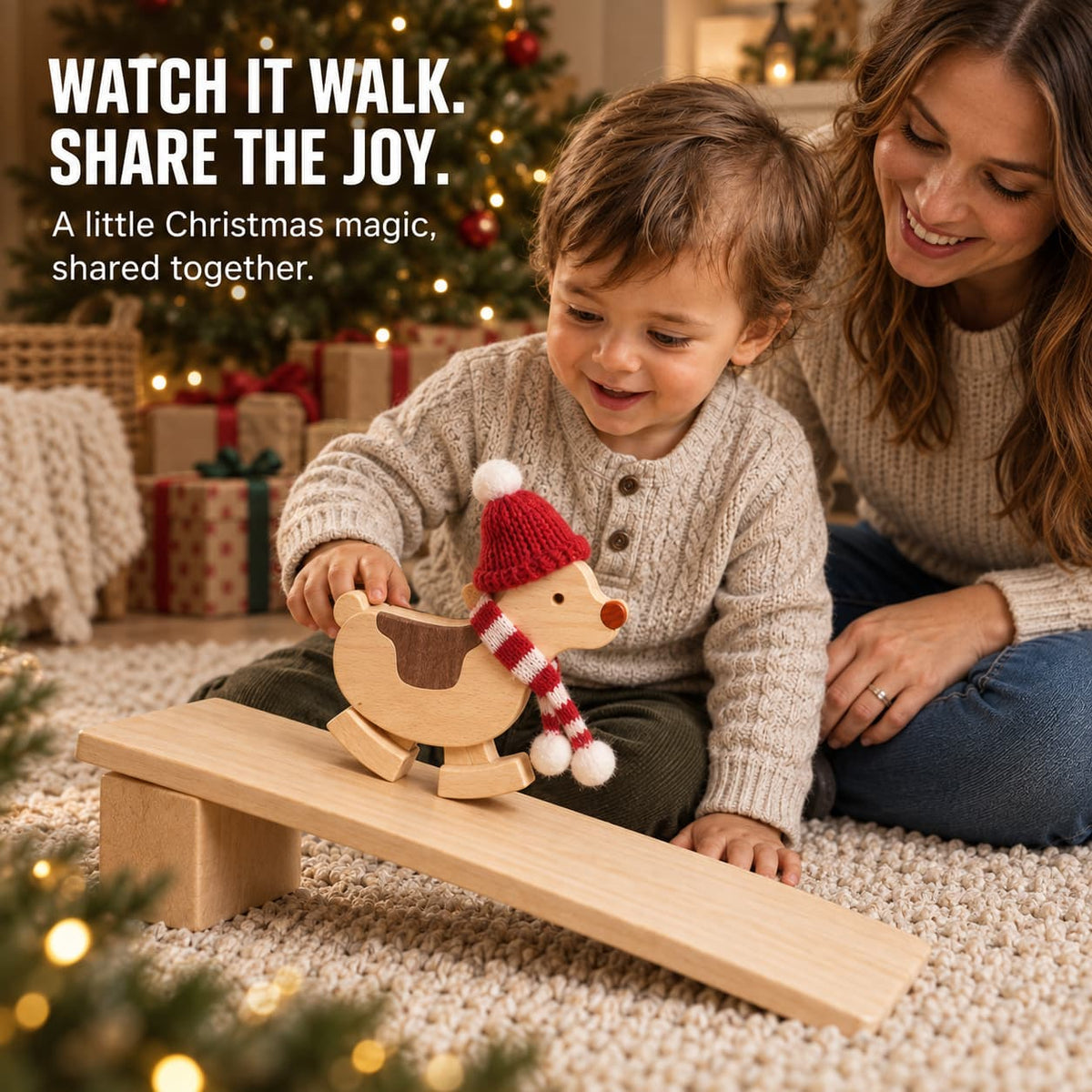 Child and adult playing with a wooden reindeer ramp walker wearing a red knit hat and striped scarf beside a Christmas tree.