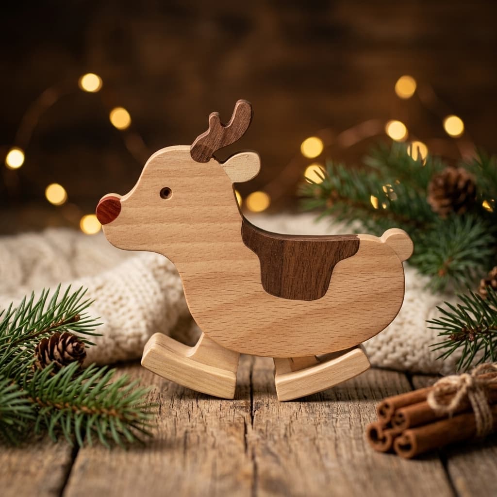 Wooden reindeer ramp walker toy on a rustic table with evergreen branches, pinecones and warm Christmas lights.