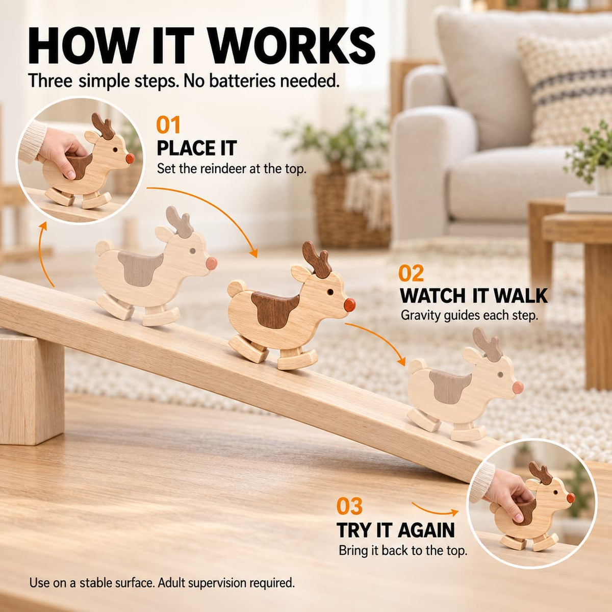 How to use the wooden reindeer ramp walker: place it at the top, let gravity guide it down, then return it to start again.