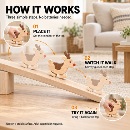 How to use the wooden reindeer ramp walker: place it at the top, let gravity guide it down, then return it to start again.