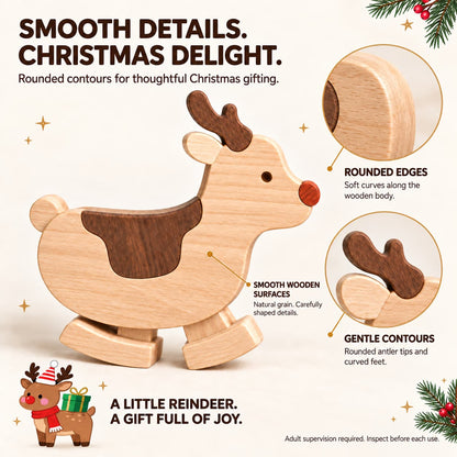 Wooden reindeer ramp walker with close-ups of rounded edges and antler tips, plus a Christmas reindeer illustration.