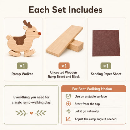 Set contents: one wooden reindeer ramp walker, one uncoated wooden ramp board with a support block, and one sandpaper sheet.