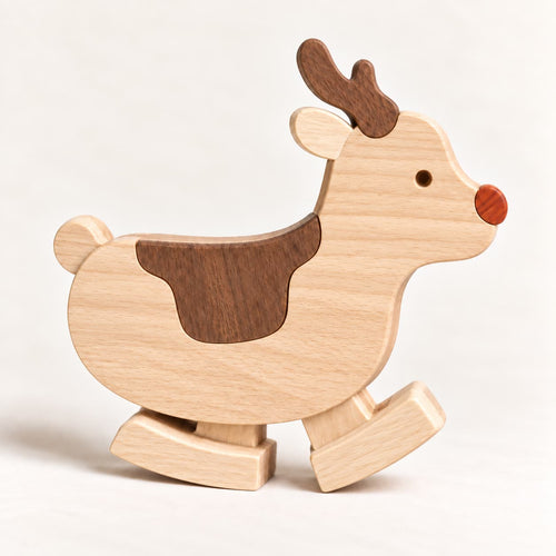 Wooden reindeer ramp walker toy with a red nose, brown antlers and curved wooden feet on a cream background.