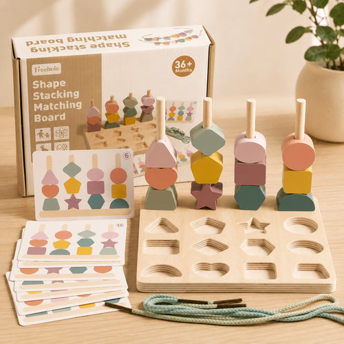 Wooden shape stacking matching board with cards and packaging on a wooden surface.