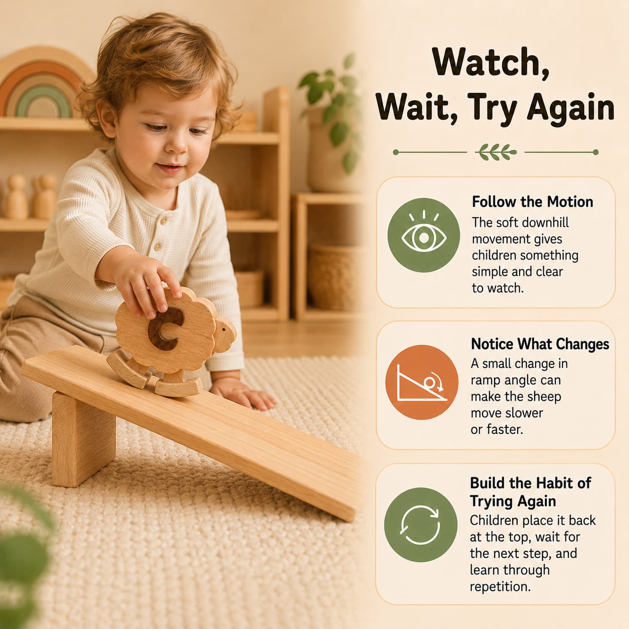Toddler placing a wooden sheep ramp walker toy on a sloped ramp, showing visual tracking, cause and effect, and repeatable screen-free play.