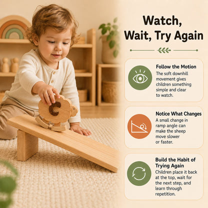 Toddler placing a wooden sheep ramp walker toy on a sloped ramp, showing visual tracking, cause and effect, and repeatable screen-free play.