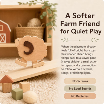 Wooden sheep ramp walker toy on a sloped ramp, showing quiet screen-free play with no loud sounds, no screens, and no batteries.