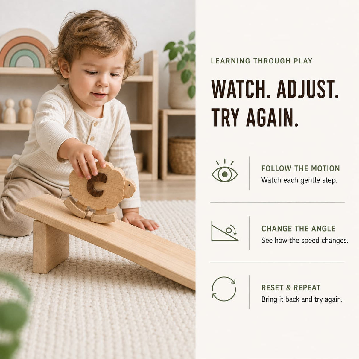Wooden sheep ramp walker toy walking down a ramp for quiet, screen-free play without batteries.