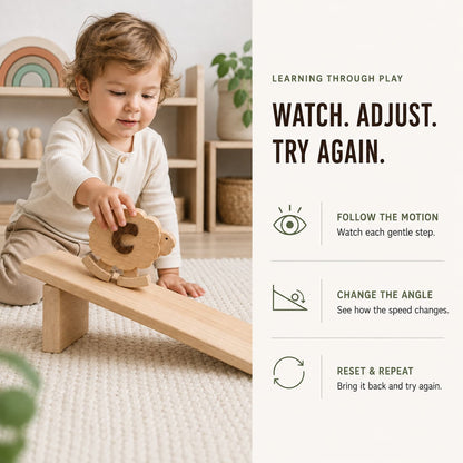 Wooden sheep ramp walker toy walking down a ramp for quiet, screen-free play without batteries.