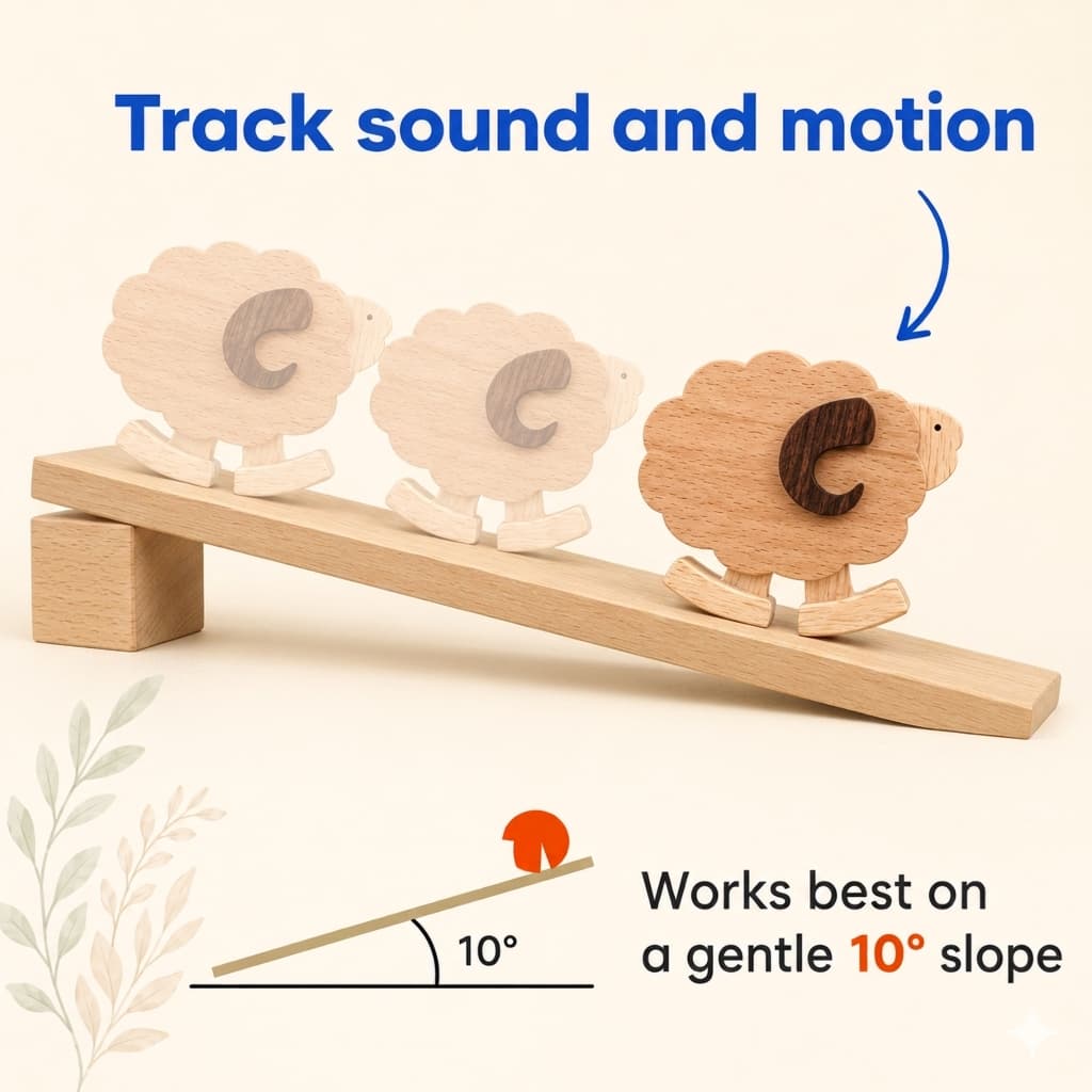 Wooden sheep ramp walker toy showing sound and motion on a gentle 10 degree slope