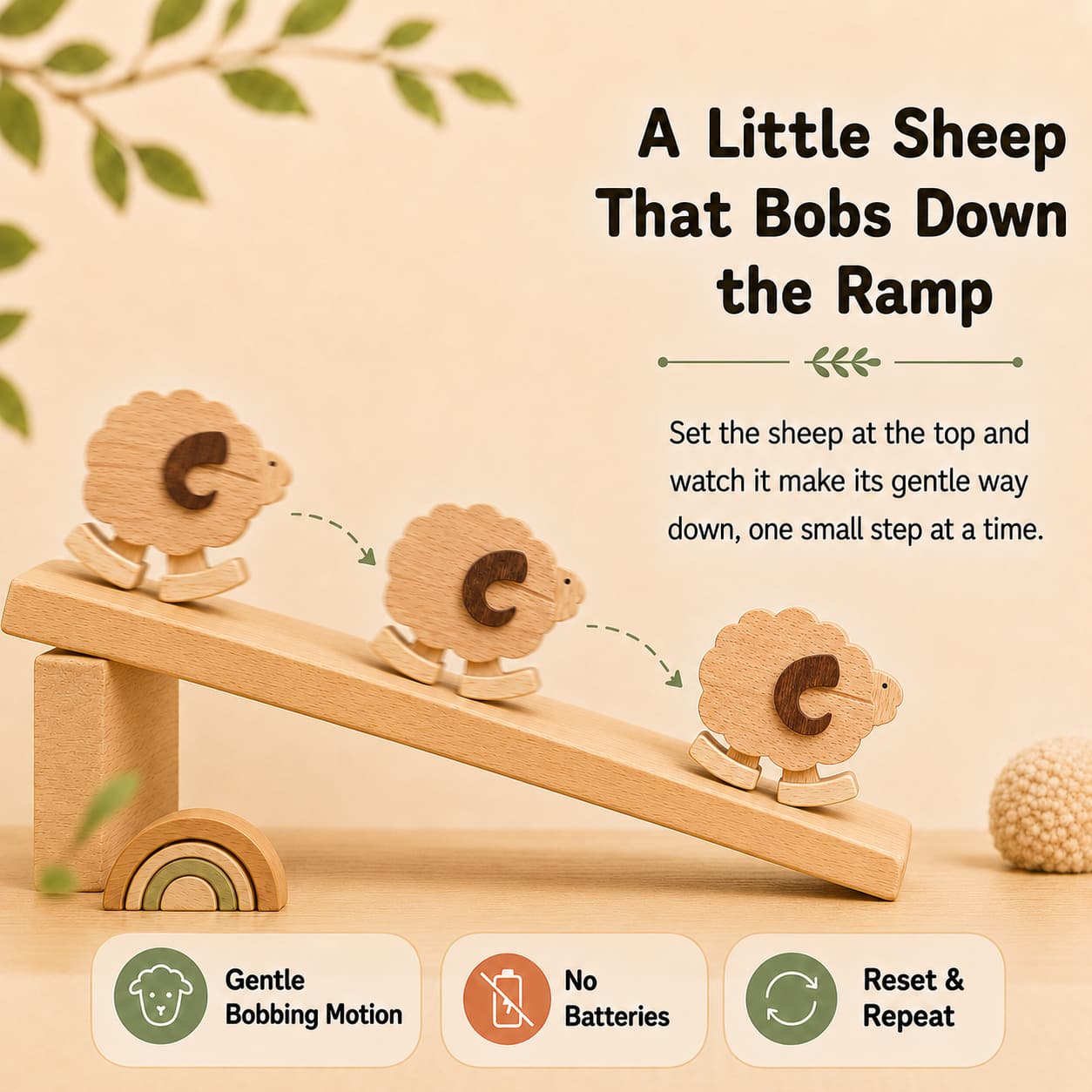 Wooden sheep ramp walker toy bobbing down a sloped ramp with gentle gravity-powered motion, no batteries, and repeatable screen-free toddler play.
