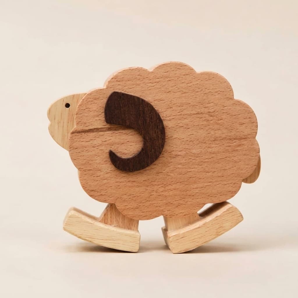 A wooden rocking sheep ramp walking toy with a natural light wood body, a dark brown curved accent on the back, and rocking feet, photographed against a plain light beige background.