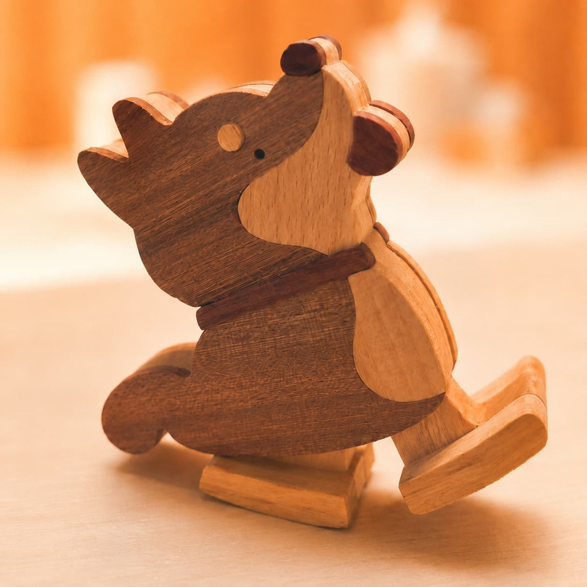 Close side view of a wooden Shiba Inu gravity ramp walker for screen-free toddler play.