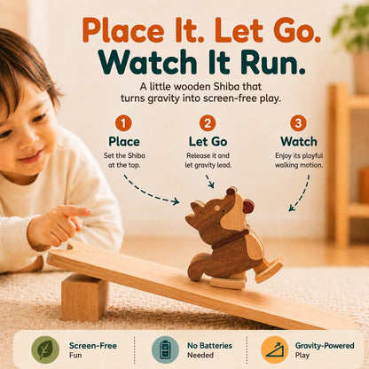 Infographic showing a child using a wooden Shiba Inu ramp walker: place it at the top, let go, and watch it walk down the ramp with gravity, no batteries needed.