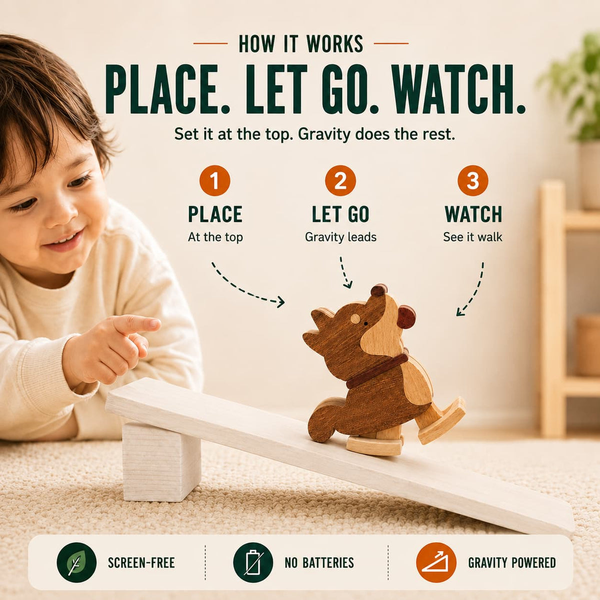 Child watching a wooden Shiba Inu ramp walker toy move down a gentle wooden ramp.