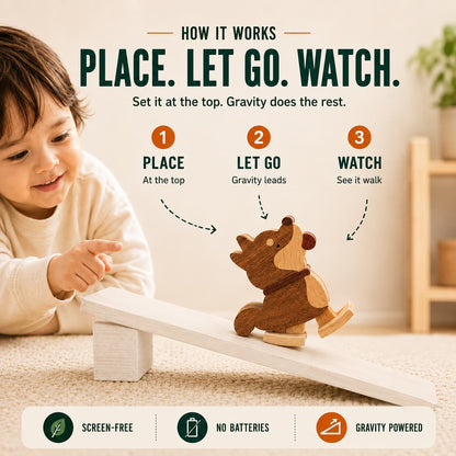 Child watching a wooden Shiba Inu ramp walker toy move down a gentle wooden ramp.