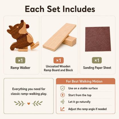 An infographic titled 'Each Set Includes' showing the contents of a wooden ramp walker set: a carved wooden ramp walker, an uncoated wooden ramp board and block, and a brown sanding paper sheet, with usage tips on a light beige background.