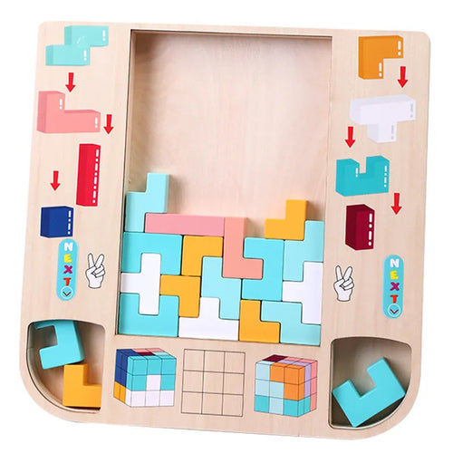Wooden puzzle toy with colorful blocks on a beige board