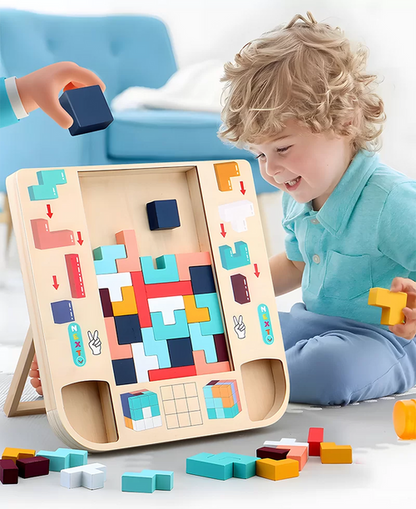 Child playing with a wooden block puzzle toy on a light-colored surface.