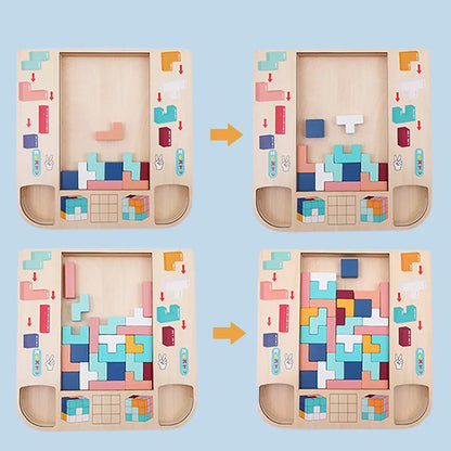 Wooden puzzle with colorful geometric pieces on a blue background
