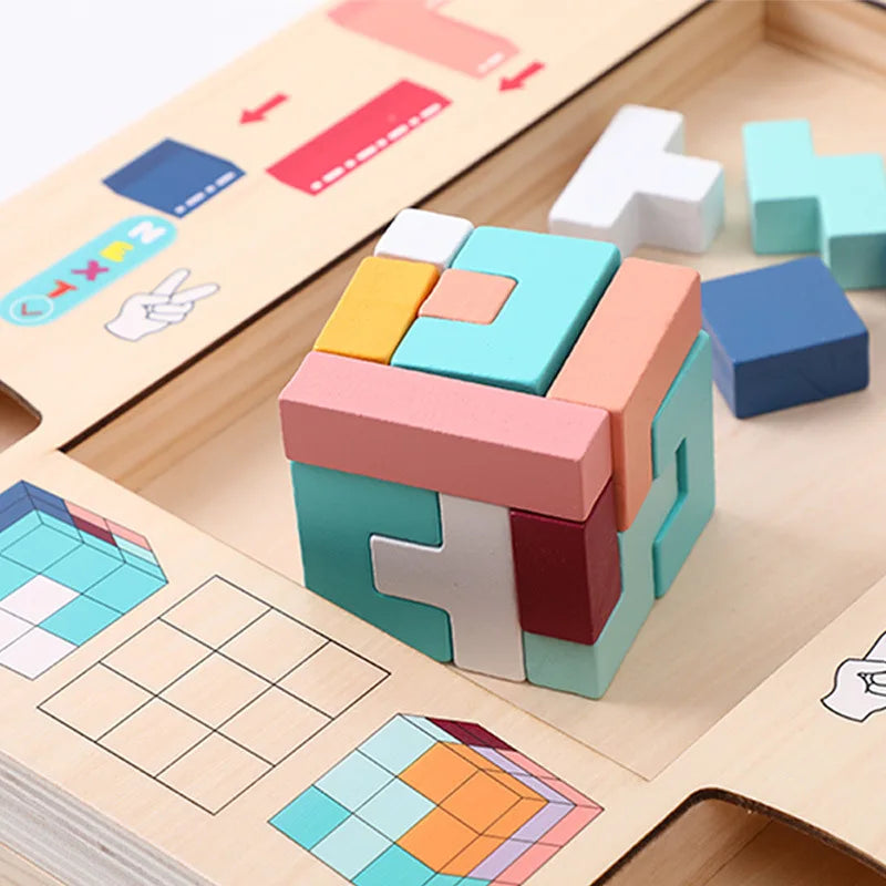 Colorful geometric building blocks on a wooden educational board with shapes and lines.
