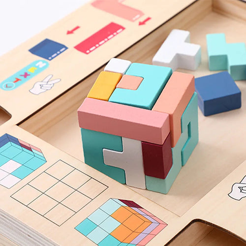 Completed wooden tetris puzzle with all pieces fitted into board