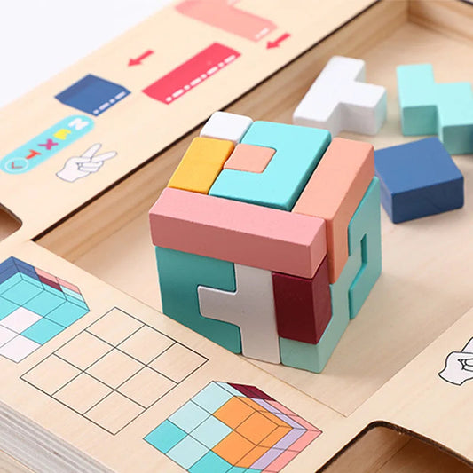 Completed wooden tetris puzzle with all pieces fitted into board