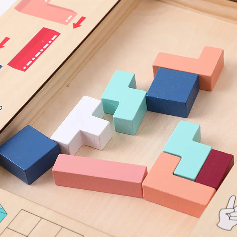 Colorful geometric blocks on a wooden surface with educational material.
