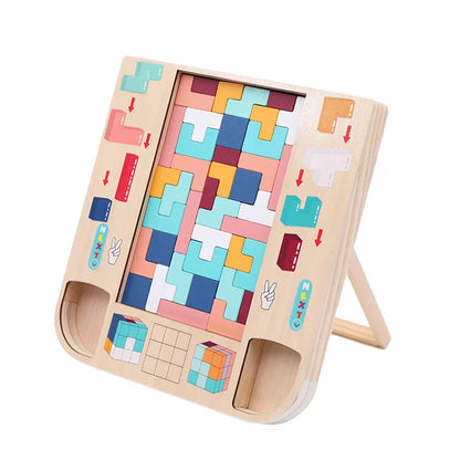 Wooden puzzle toy with colorful geometric pieces on a white background