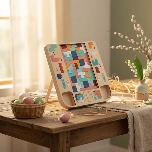 Wooden tetris puzzle toy with colorful geometric pieces in wooden frame