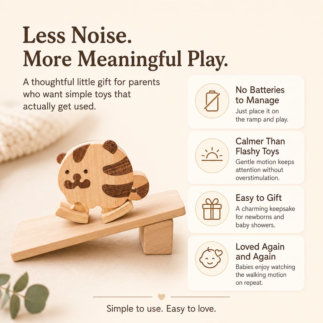 A wooden tiger ramp walker toy on a wooden block slope, listed as a quiet, calming alternative to flashy electronic baby shower gifts.