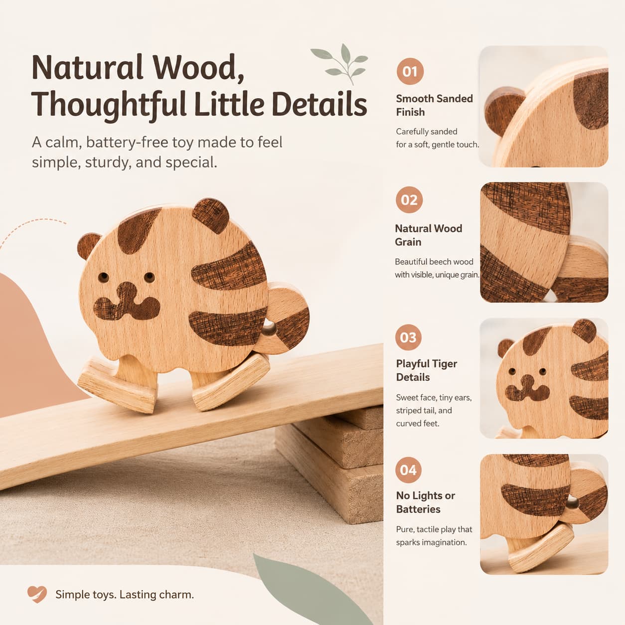 Four close-up panels of a wooden tiger ramp walker toy made from high-quality beech wood, emphasizing its smooth sanded finish and natural wood grain.