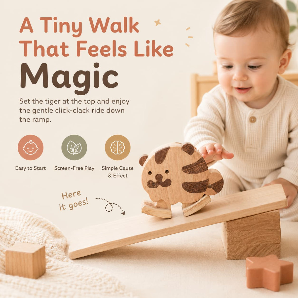 A toddler interacting with a wooden tiger ramp walker toy as it clicks and clacks down a slope, proving easy to start gravity-powered mechanical fun.