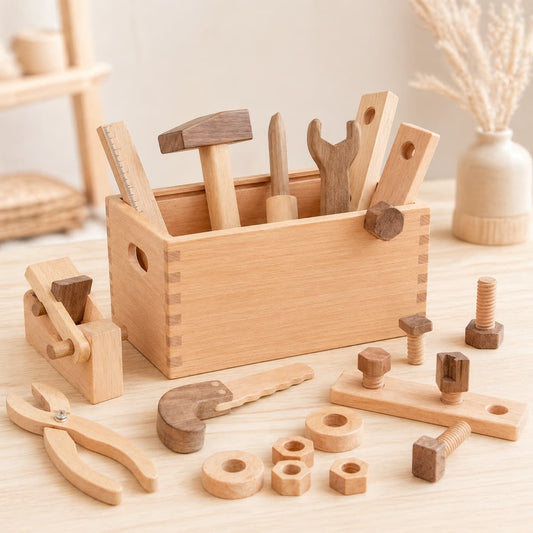 A premium Montessori wooden tool box set for kids, featuring handcrafted beechwood and walnut tools like a hammer, saw, and wrench to support fine motor skill development and realistic pretend play.