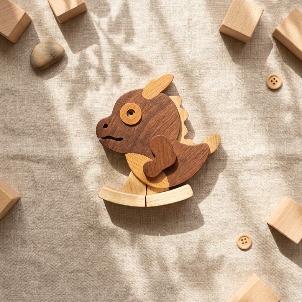 Flat lay product photography of a Wooden Toy Story dragon ramp walker toy, highlighting the beautiful natural grain of black walnut and contrasting light hardwoods.